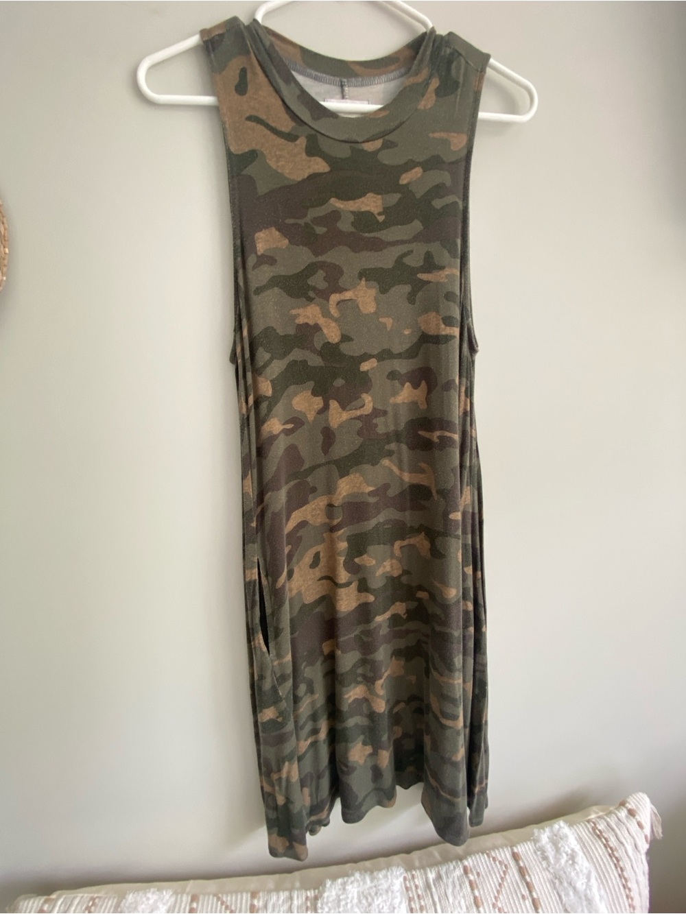Mud Pie Camo Sleeveless Shift Dress in Olive & Brown - Picture 1 of 6